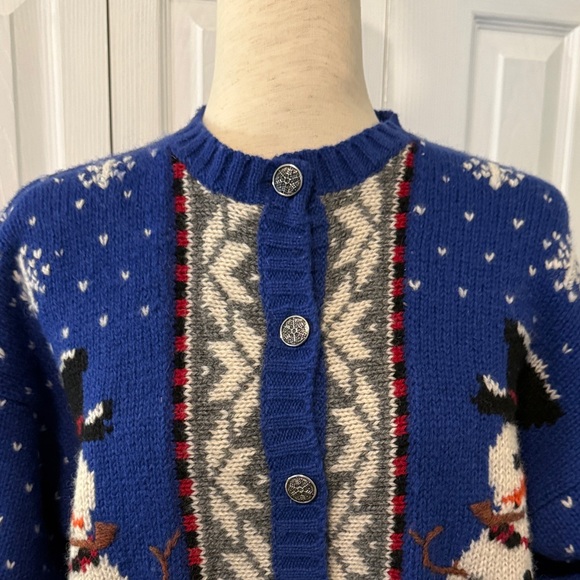 Woolrich Snowman Cardigan Sweater – Blue Knit Winter Holiday 100% Sz M - Picture 4 of 12